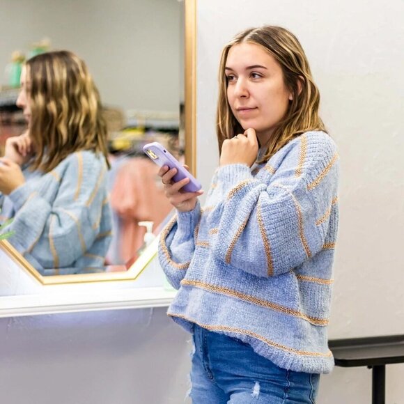 SALE Light Blue Gold Stripe Chunky Knit Soft Sweater Women's Large - Picture 8 of 9